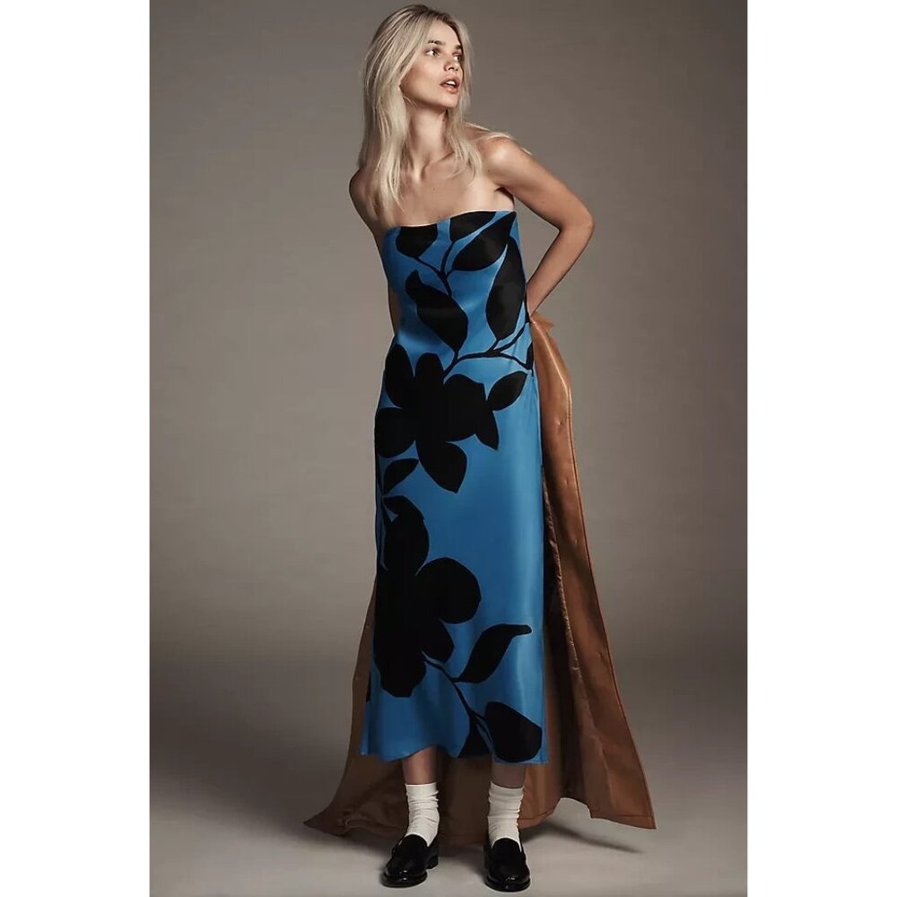 By Anthropologie Satin Midi Slip Dress Blue Black Floral XL